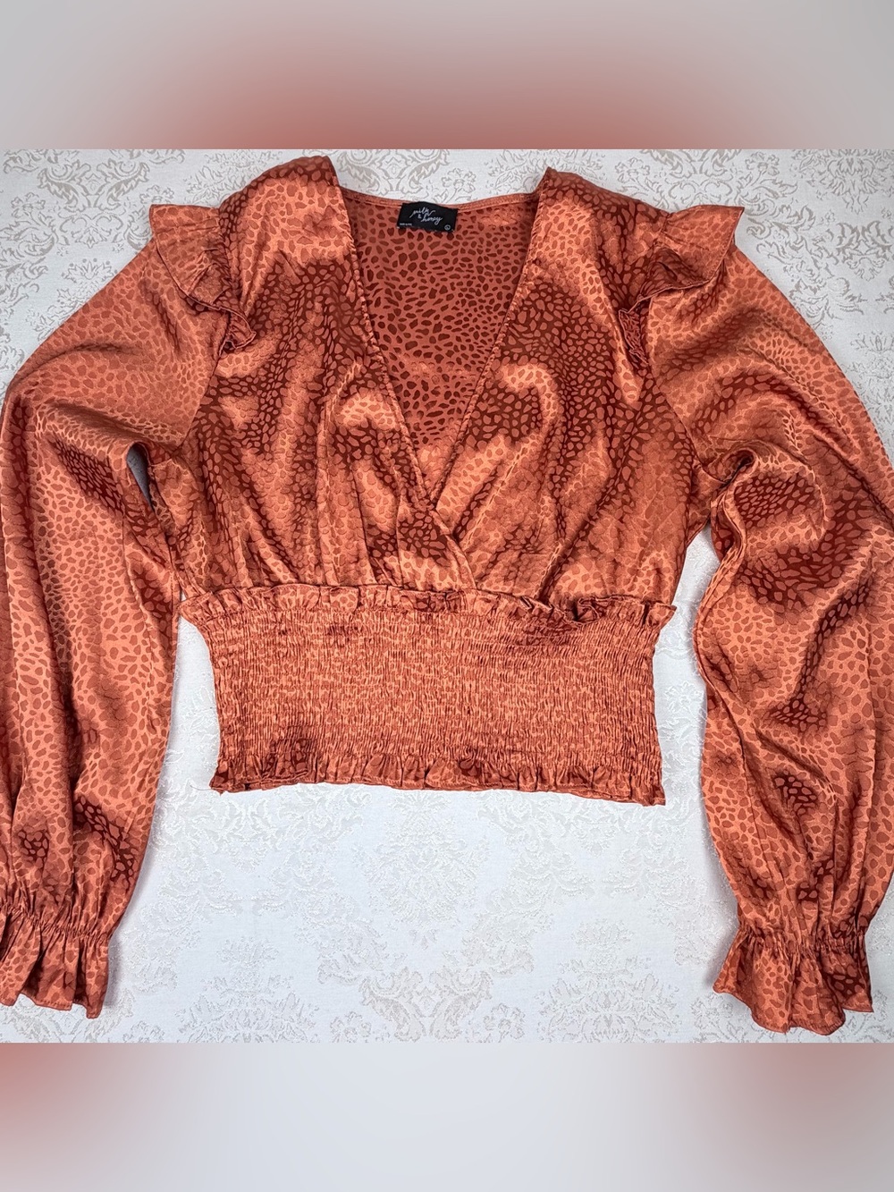 Milk & Honey Rust Animal-Print Satin/Silky Long-Sleeve Top